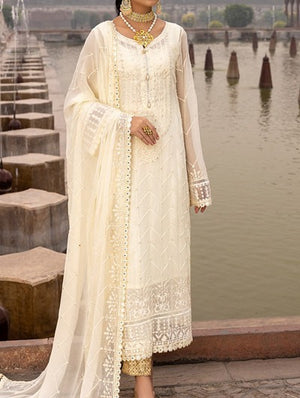 Ivory White– Chiffon Embroidered Unstitched 3pc Suit