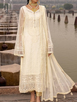 Ivory White– Chiffon Embroidered Unstitched 3pc Suit