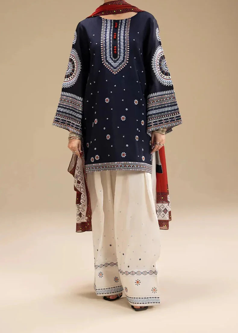 Grace Z-(W694) - Stitched Embroidered 3pc Linen Dress With Printed Shawl.