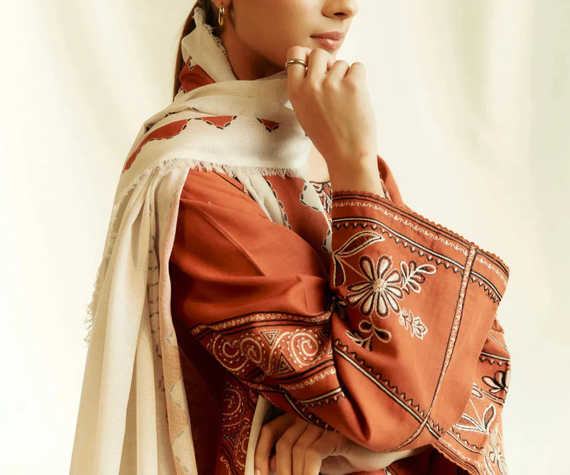 Grace Z-(W601)- Stitched Embroidered 3pc Linen Dress with Printed Shawl.