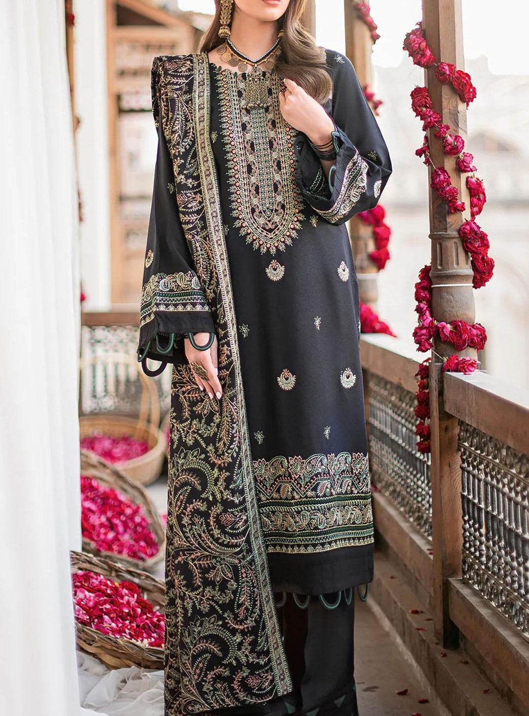 Grace W188-Embroidered 3pc marina dress with Embroidered marina shawl.
