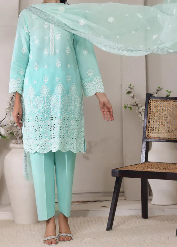 Grace Z-(SEAFOAM ELEGANCE)- Stitched EMBROIDERED CHIKANKARI LAWN UNSTITCHED 3PC SUIT.