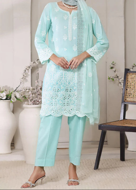 Grace Z-(SEAFOAM ELEGANCE)- Stitched EMBROIDERED CHIKANKARI LAWN UNSTITCHED 3PC SUIT.