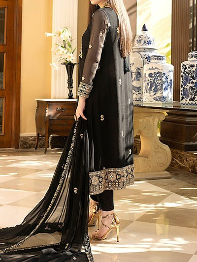 Leather Black – Embroidered Chiffon Unstitched 3Pc Suit