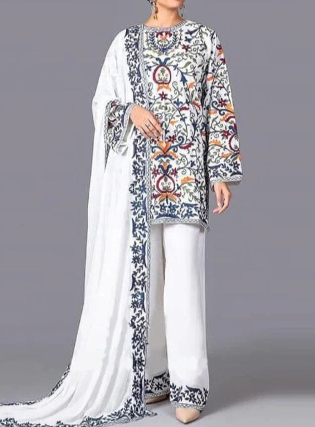Grace W191 -Embroidered 3pc marina dress with Embroidered marina shawl.