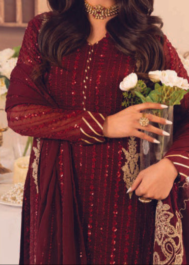 DEEP CLARET– Embroidered Chiffon Unstitched 3Pc Suit.