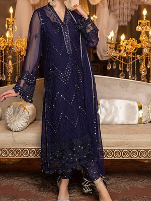 Navy Blue – Embroidered Chiffon Unstitched 3Pc Suit