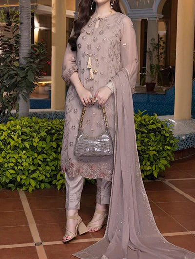 Grace Z - (Rosy Brown) - Stitched Embroidered Chiffon Unstitched 3Pc Suit