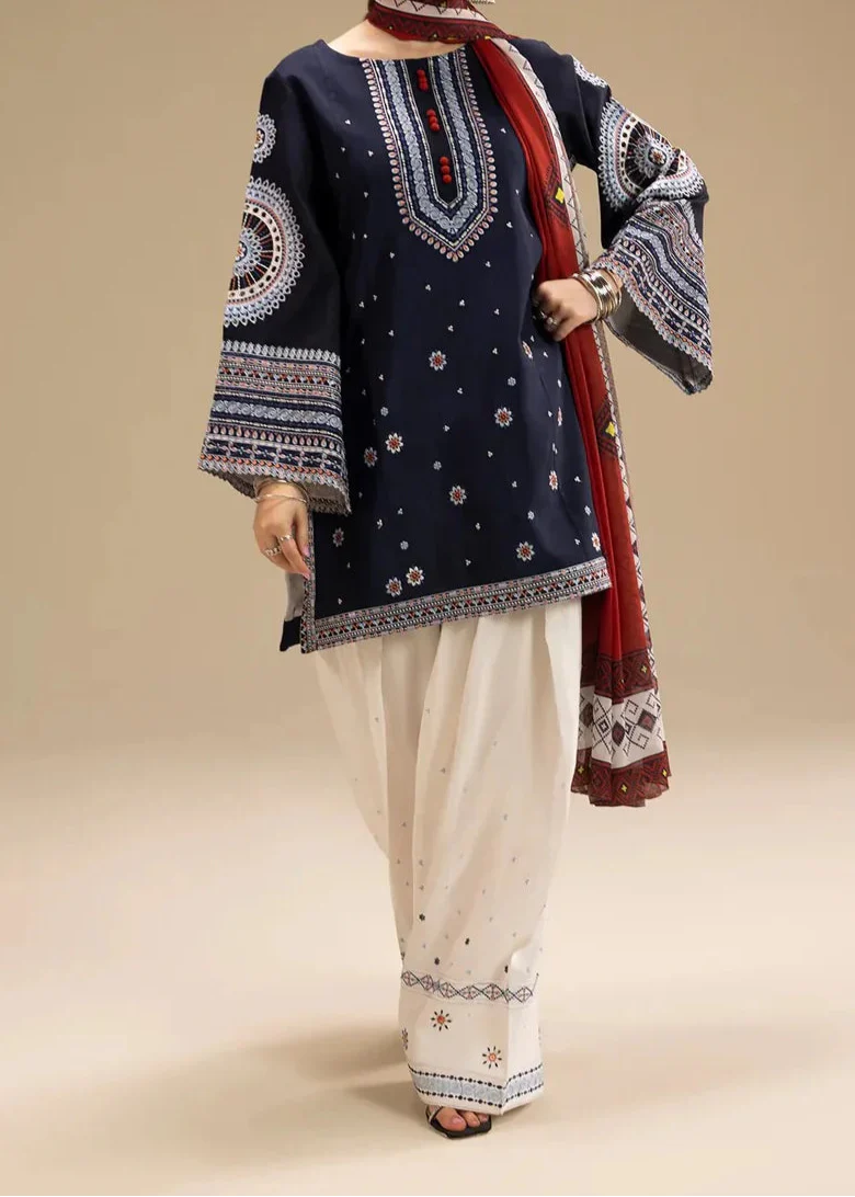 Grace Z-(W694) - Stitched Embroidered 3pc Linen Dress With Printed Shawl.