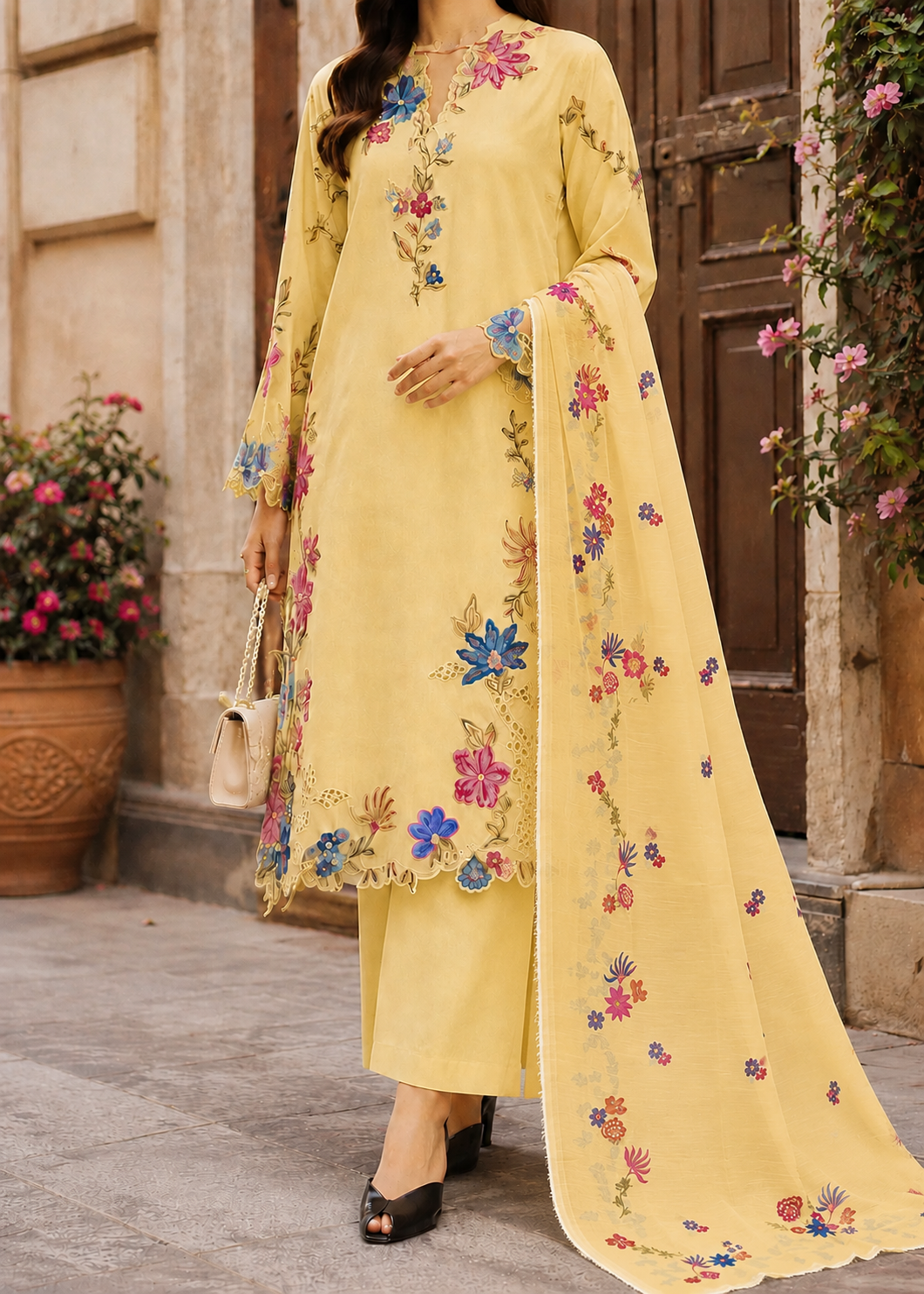 Grace S1500 - Embroidered 3pc CHIKANKARI Lawn Dress With Printed Lawn Dupatta.