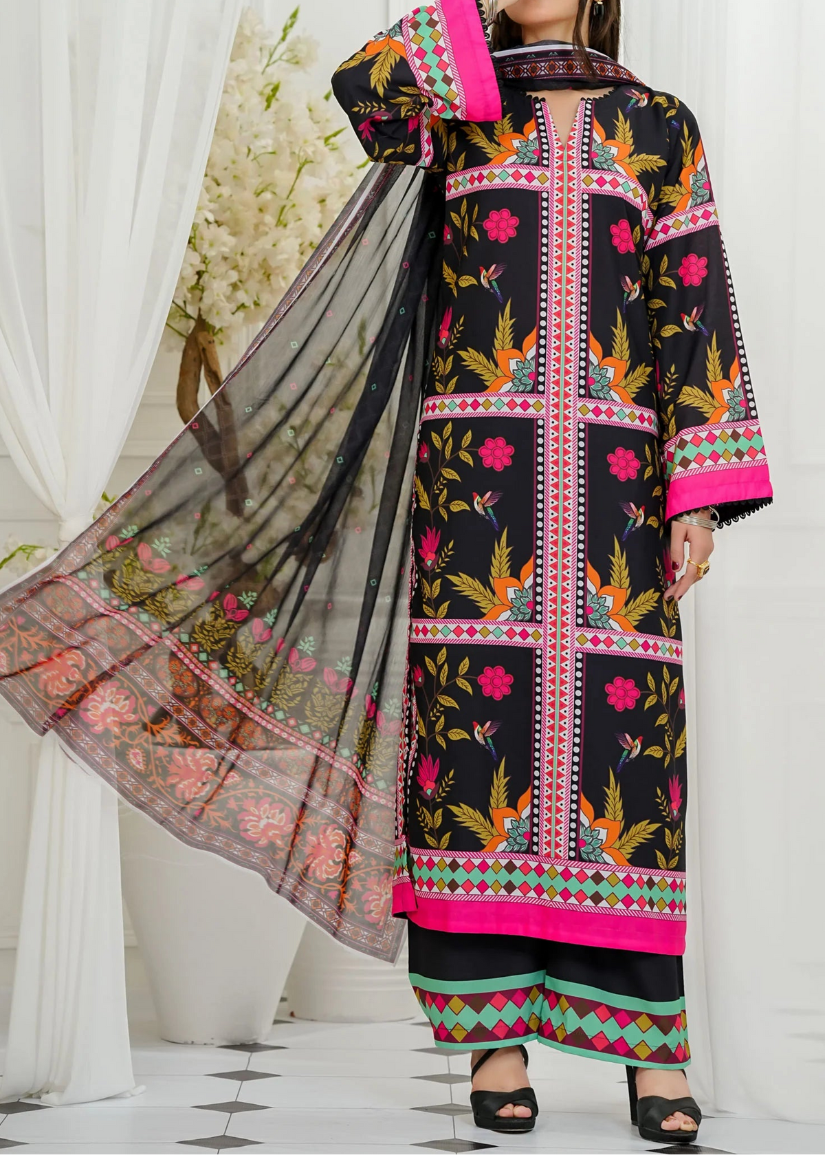 Grace W701 - Digital Printed 3pc Silk dress With Digital Printed Silk  Dupatta.