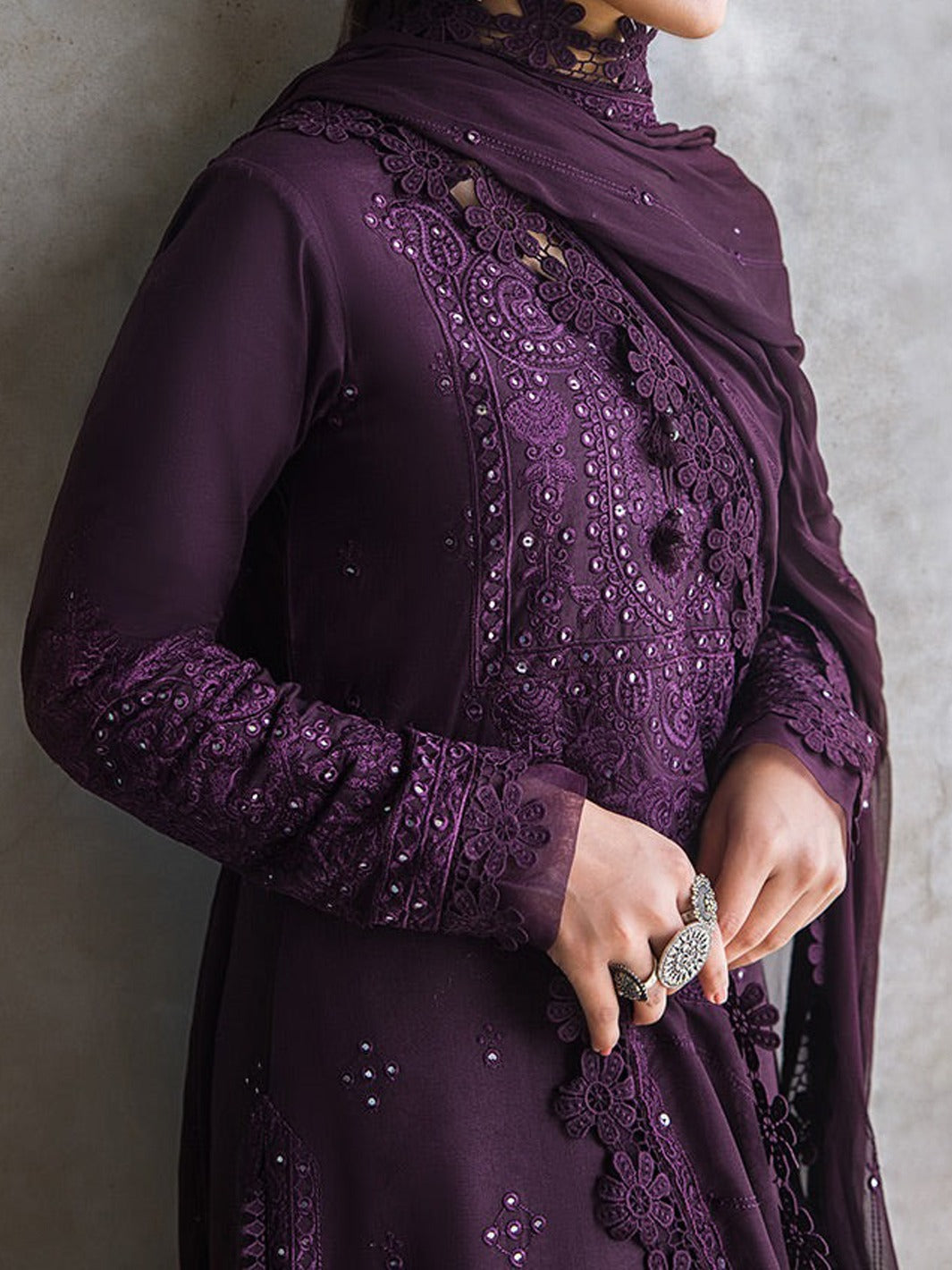 Grace W195-Embroidered 3pc marina dress with Embroidered marina shawl.