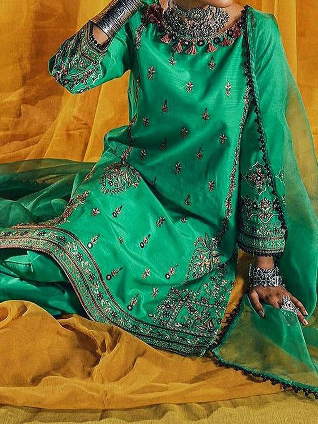 Grace S401 - Embroidered 3pc Kataan silk dress with dyed organza dupatta.