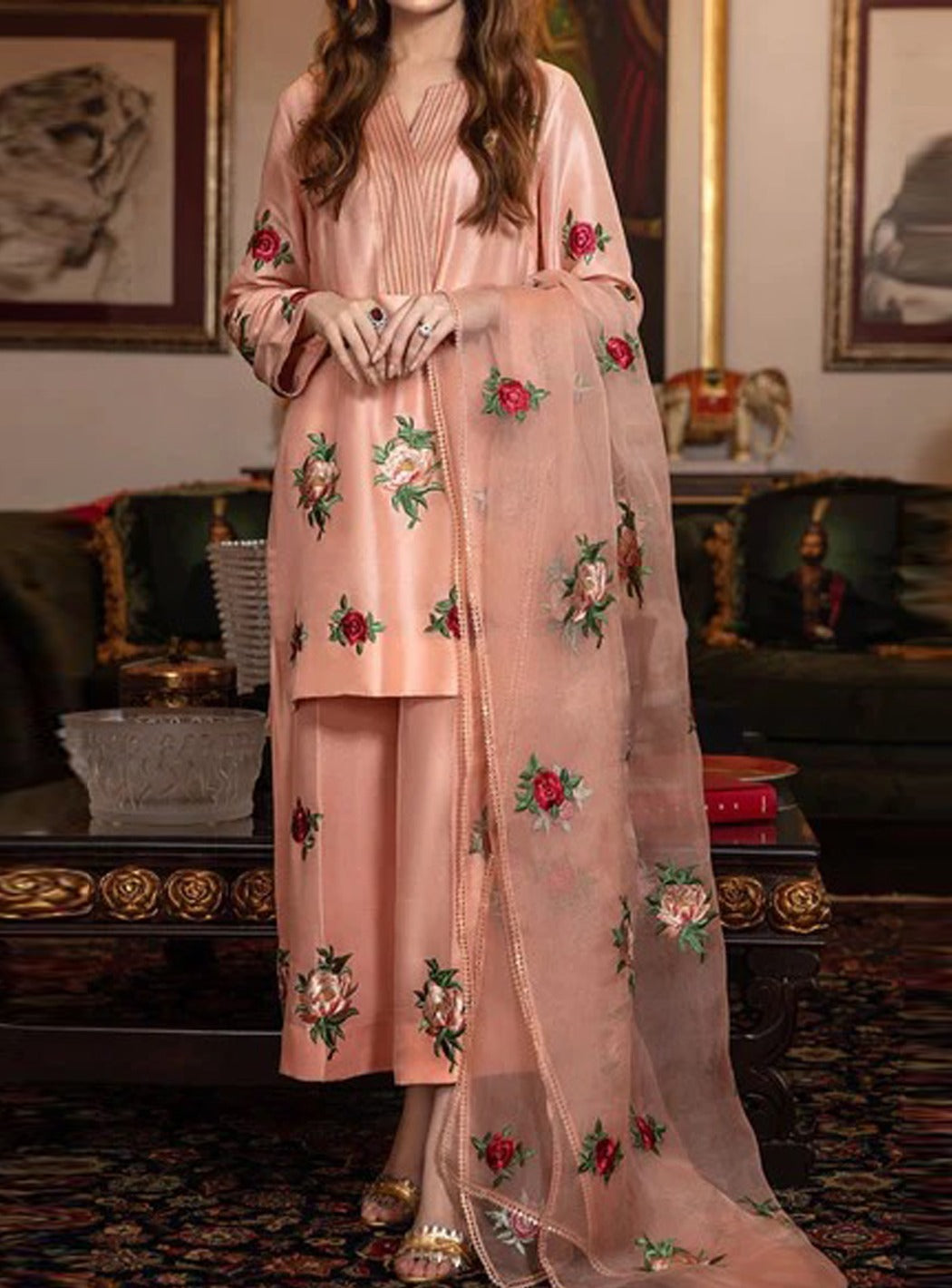 Grace S471-  Embroidered 3pc kataan silk dress with embroidered organza dupatta.