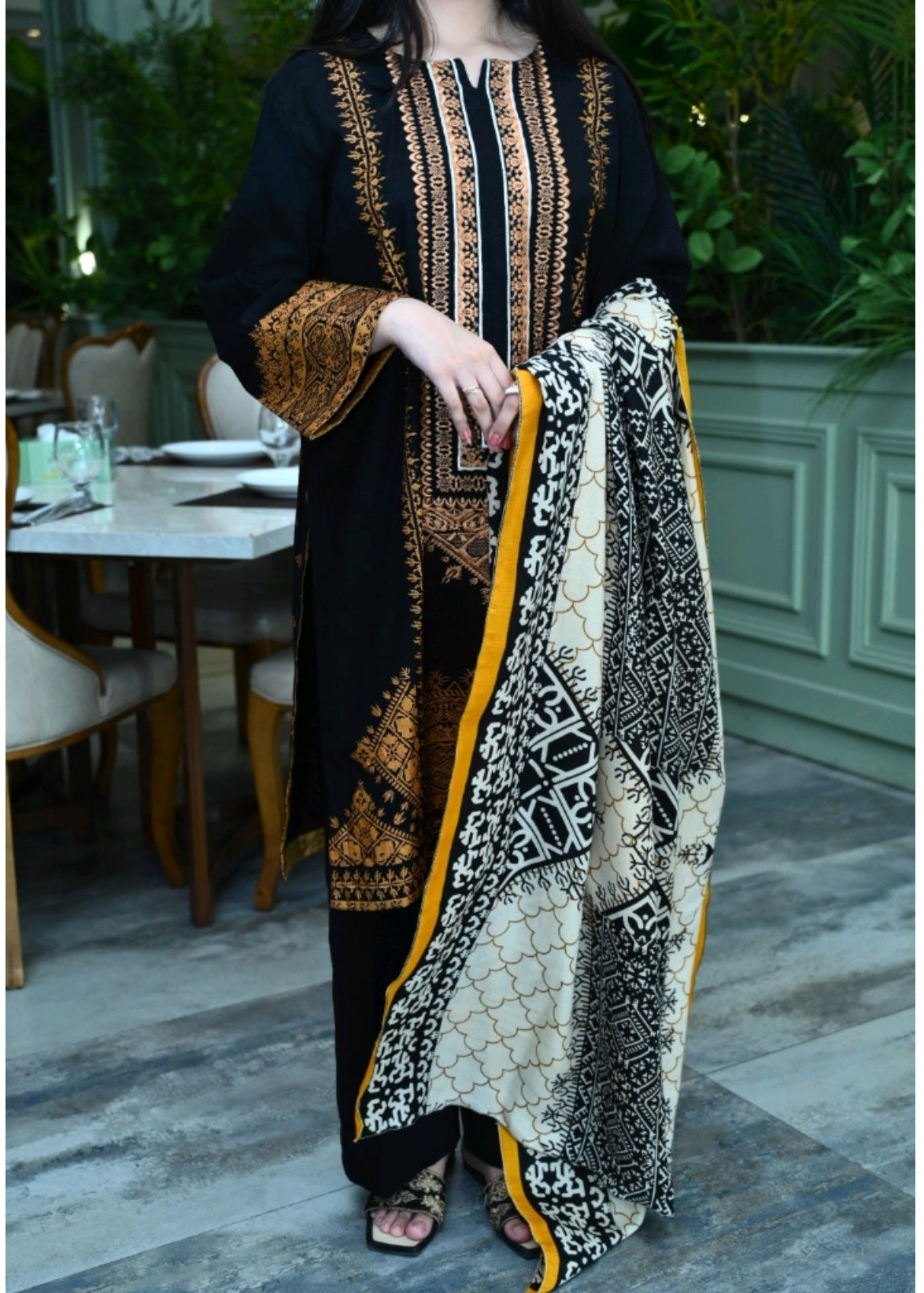 Grace W102 -Embroidered 3pc khaddar dress with printed shawl.