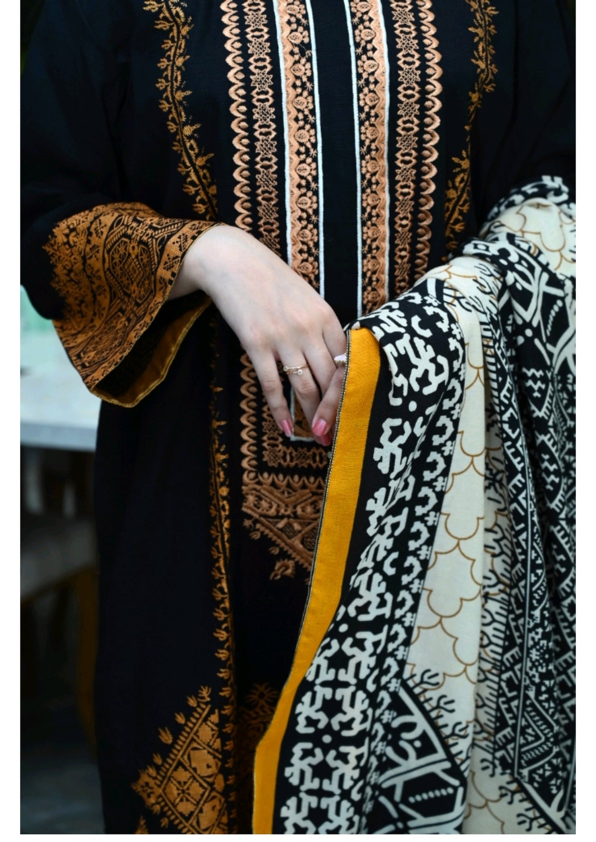 Grace Z-(W102 ) - Stitched Embroidered 3pc khaddar dress with printed shawl.