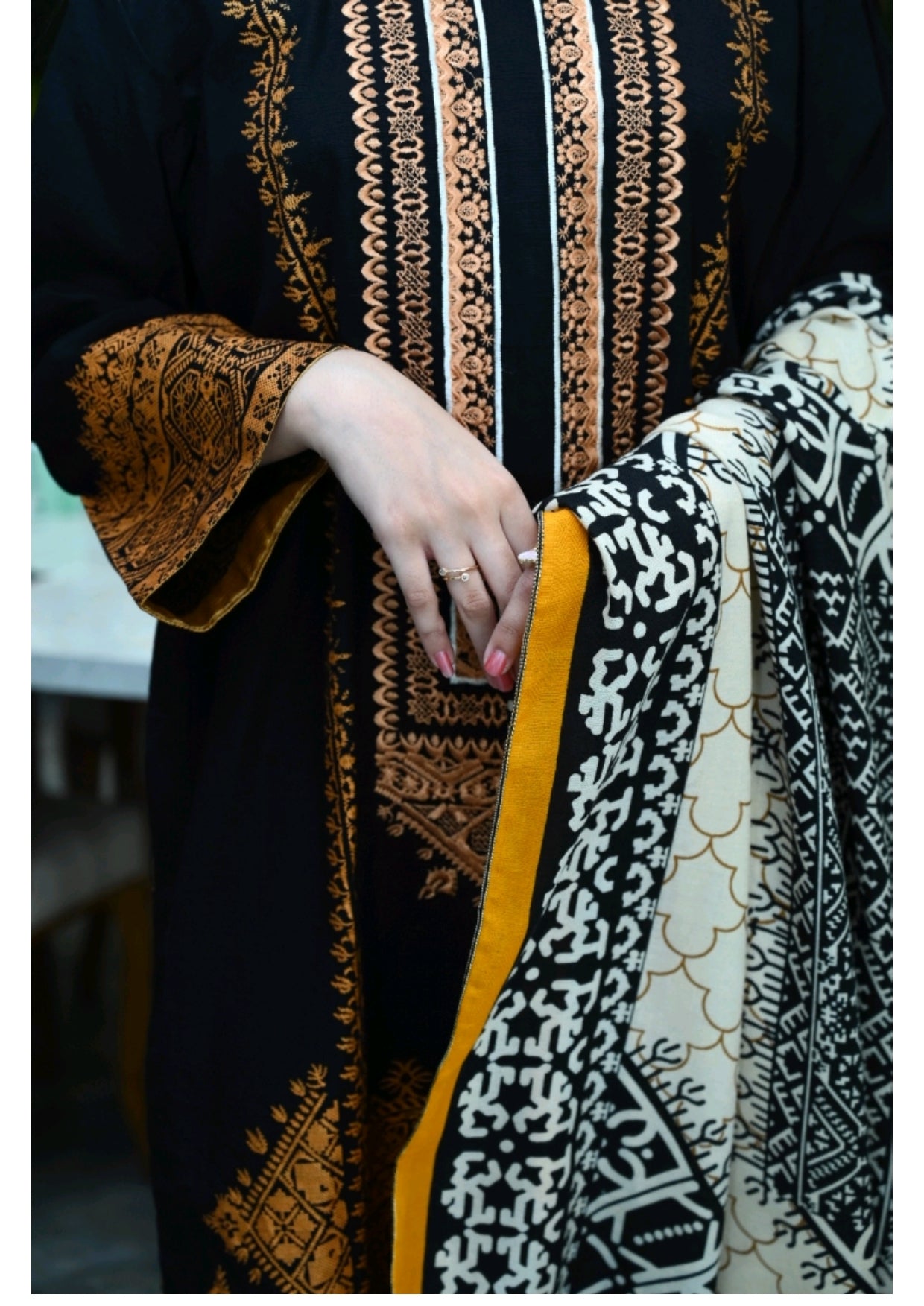 Grace Z-(W102 ) - Stitched Embroidered 3pc khaddar dress with printed shawl.