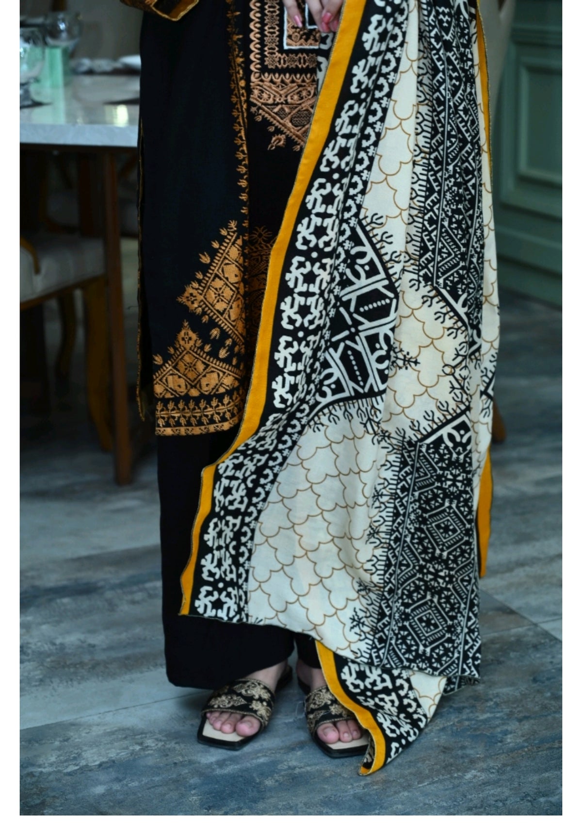Grace Z-(W102 ) - Stitched Embroidered 3pc khaddar dress with printed shawl.
