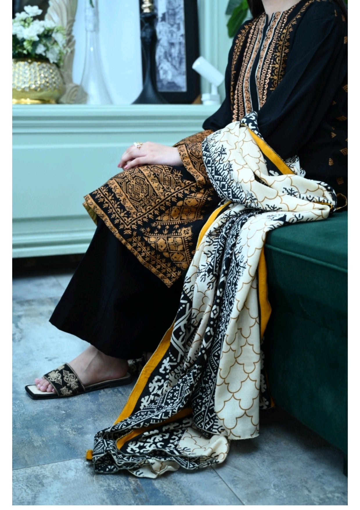 Grace Z-(W102 ) - Stitched Embroidered 3pc khaddar dress with printed shawl.