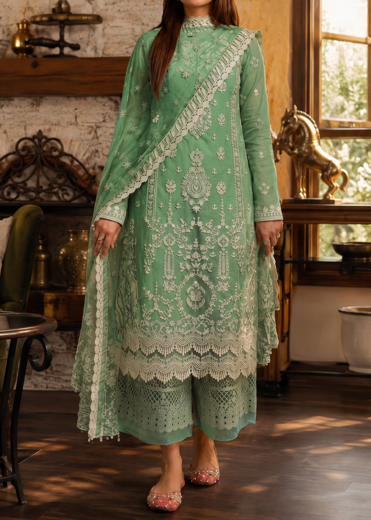 Grace S1555-Embroidered 3pc Lawn Dress With Embroidered Organza Dupatta.