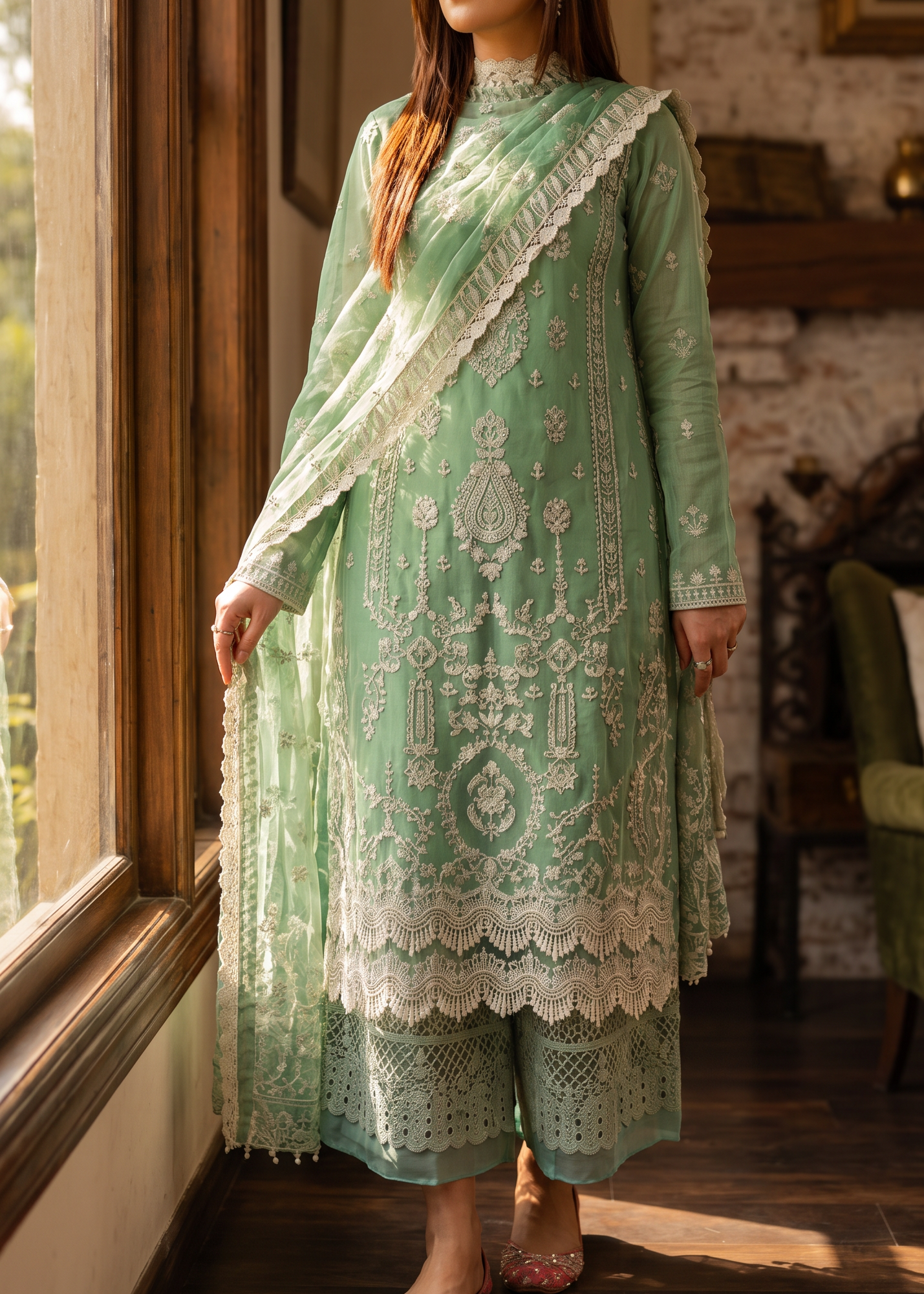 Grace S1555-Embroidered 3pc Lawn Dress With Embroidered Organza Dupatta.