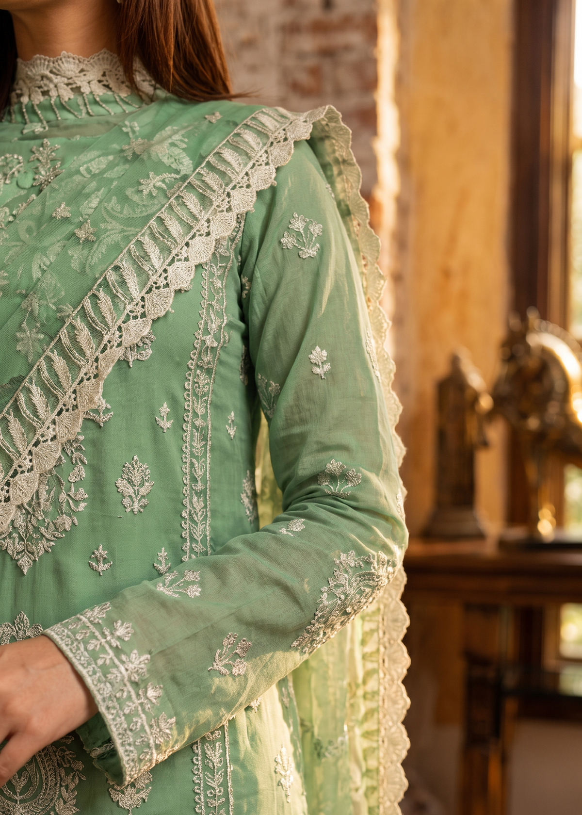 Grace S1555-Embroidered 3pc Lawn Dress With Embroidered Organza Dupatta.