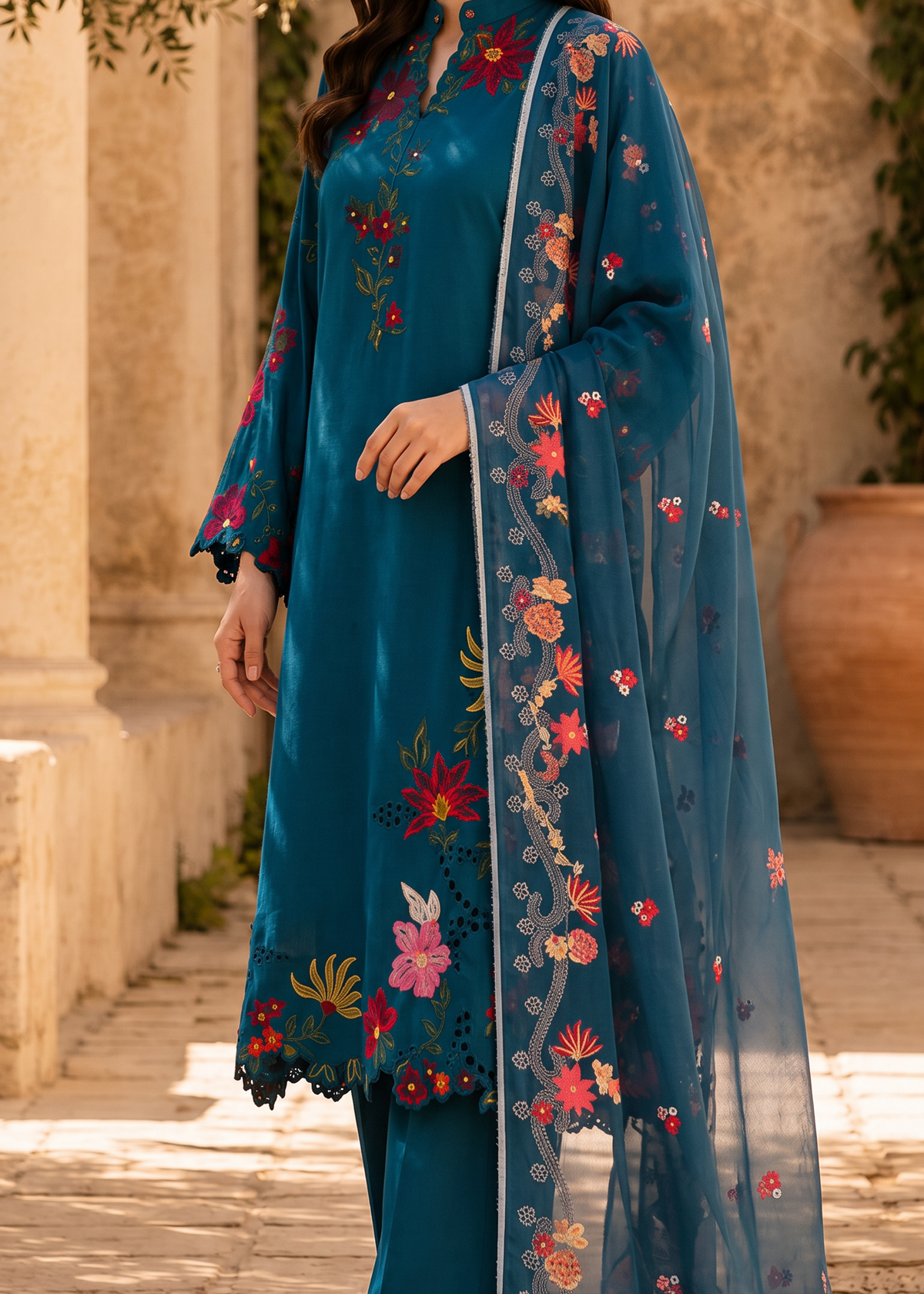 Grace W1050 - Embroidered 3pc CHIKANKARI Marina Dress With Printed Shawl.