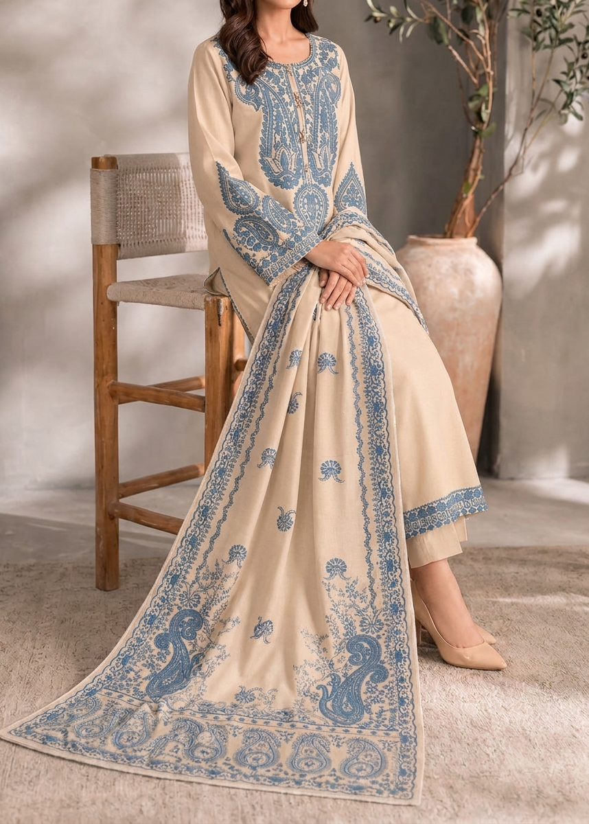 Grace W1072 - Embroidered 3pc Marina Dress With Printed Shawl.