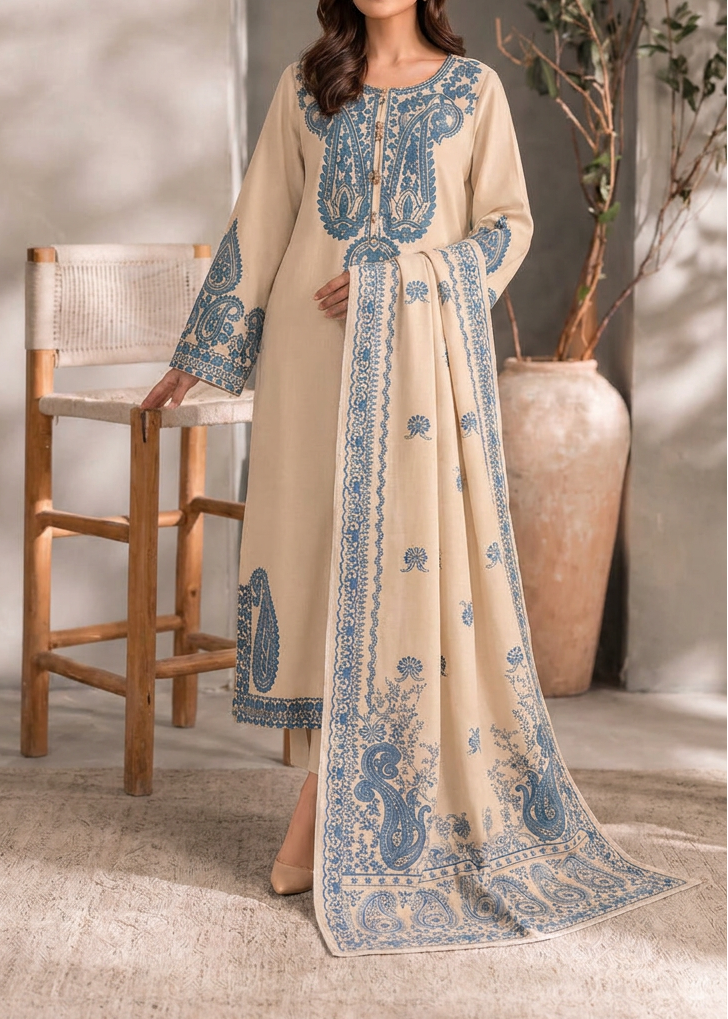 Grace W1072 - Embroidered 3pc Marina Dress With Printed Shawl.