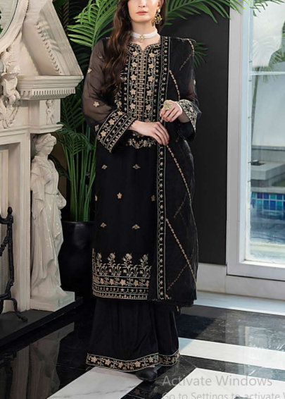 MIDNIGHT BLACK– Embroidered Chiffon Unstitched 3Pc Suit.