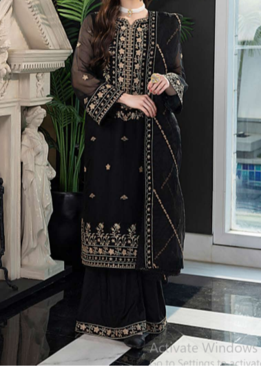 MIDNIGHT BLACK– Embroidered Chiffon Unstitched 3Pc Suit.
