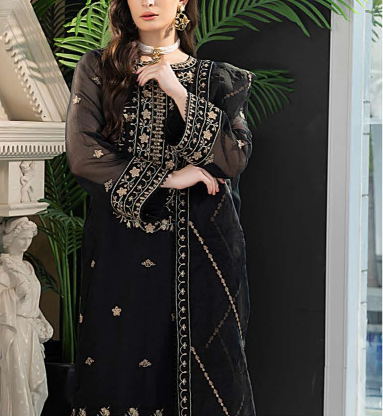 MIDNIGHT BLACK– Embroidered Chiffon Unstitched 3Pc Suit.