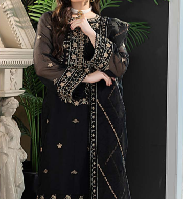 MIDNIGHT BLACK– Embroidered Chiffon Unstitched 3Pc Suit.