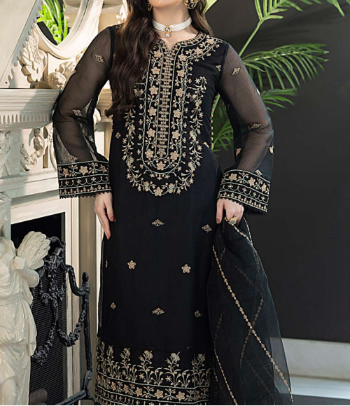 MIDNIGHT BLACK– Embroidered Chiffon Unstitched 3Pc Suit.