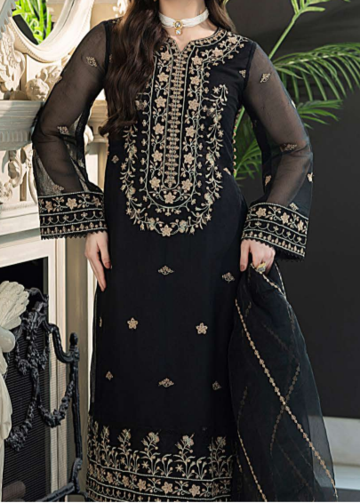 MIDNIGHT BLACK– Embroidered Chiffon Unstitched 3Pc Suit.