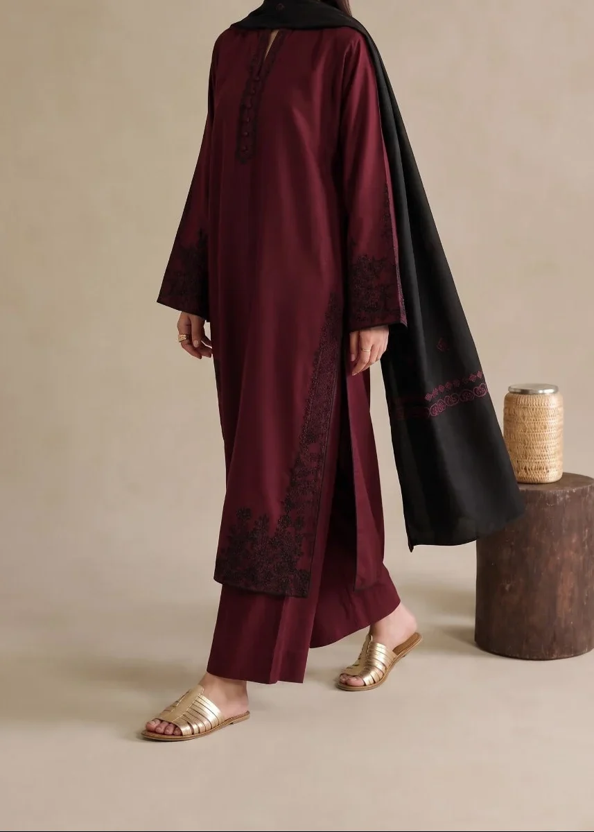 Grace Z-(W1052) - Stitched Embroidered 3pc Marina Dress With Printed Shawl.