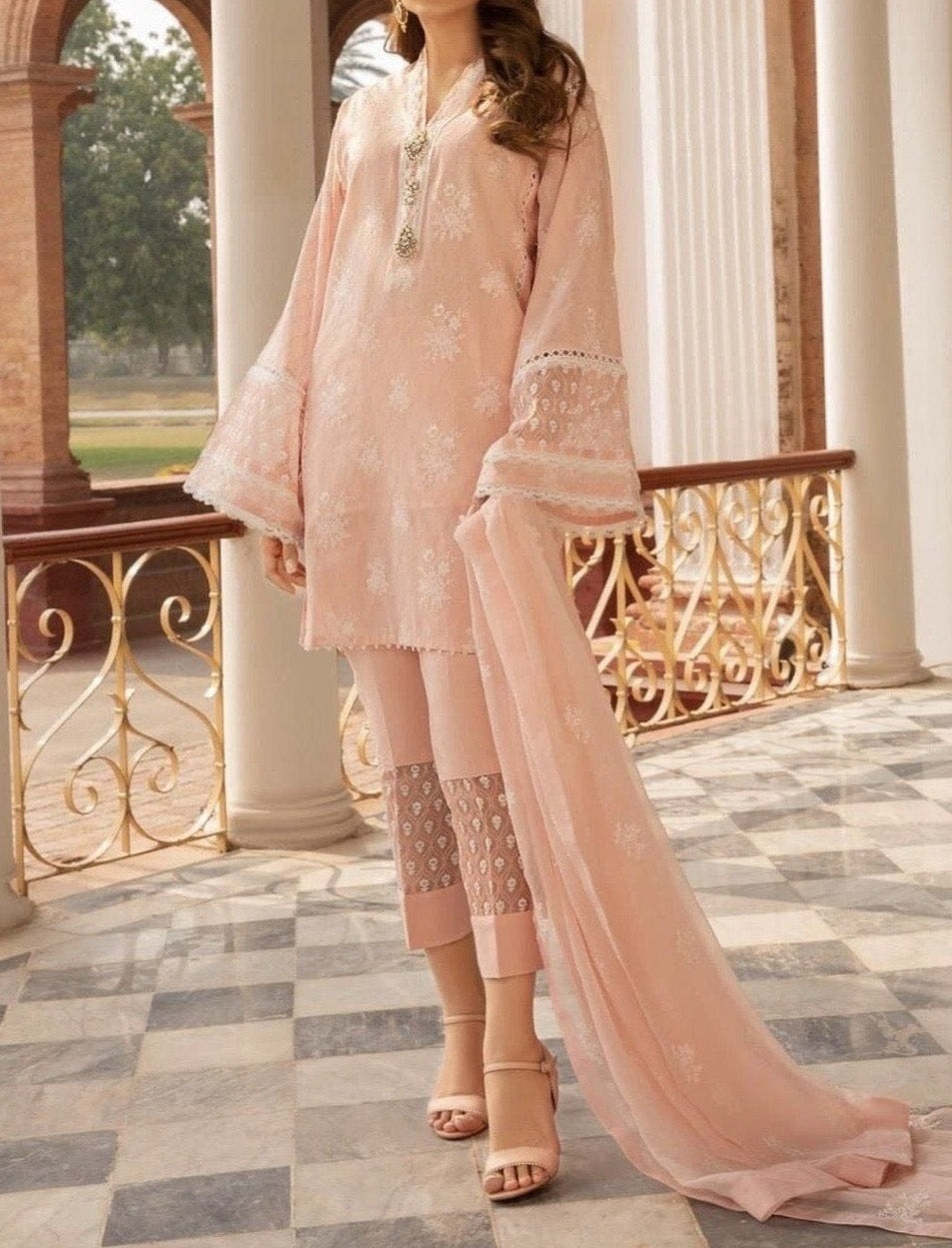 Bareeze peach -Embroided 3pc lawn dress with embroided pure chiffon dupatta. - gracestore.pk