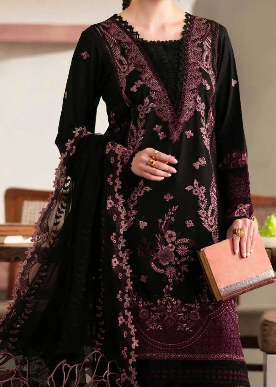 Grace W856-Embroidered 3pc Marina Dress With Embroidered Chiffon Dupatta.