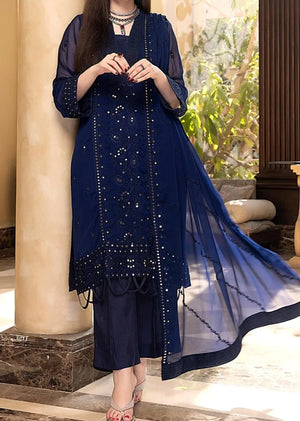 Midnight Blue– Embroidered Chiffon Unstitched 3Pc Suit