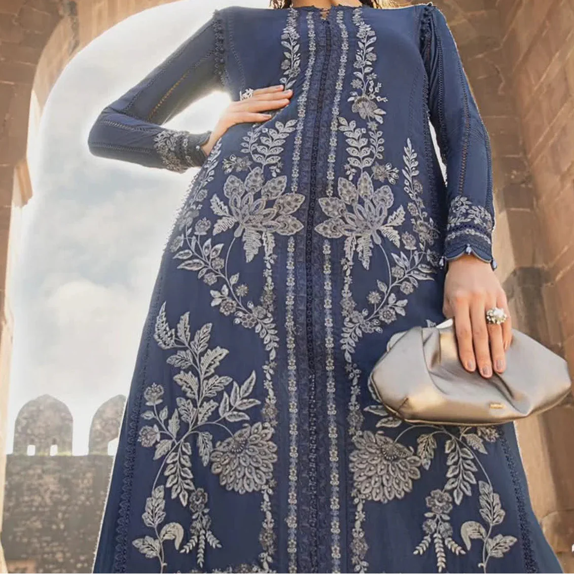 Grace Z-(W768) - Stitched Embroidered 3pc Marina Dress With Printed Shawl.