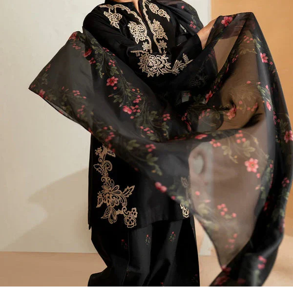 Grace Z-(W844) - Stitched Embroidered 3pc Marina Dress With Printed Shawl.