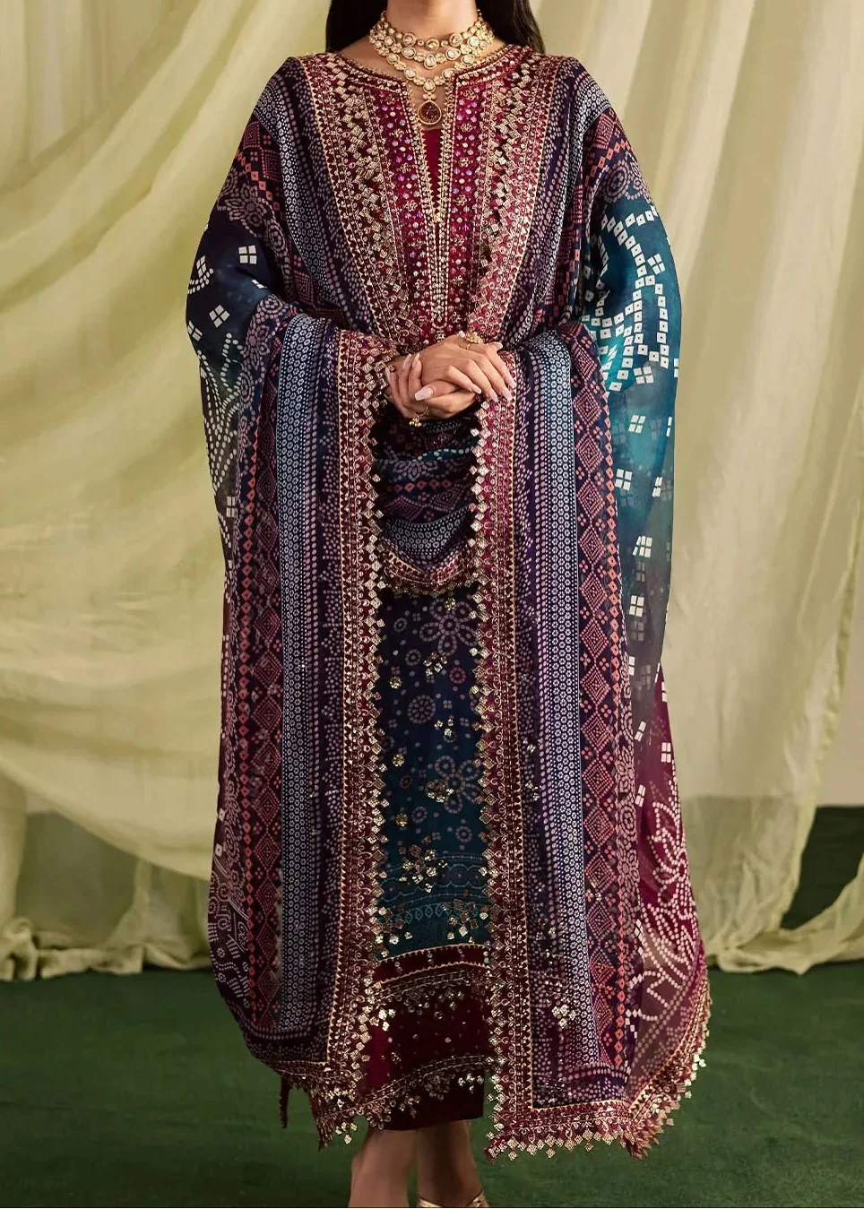 Grace Z-(S1297) - Stitched Printed & Embroidered 3pc Lawn Dress With Embroidered Sequence Chiffon Dupatta.