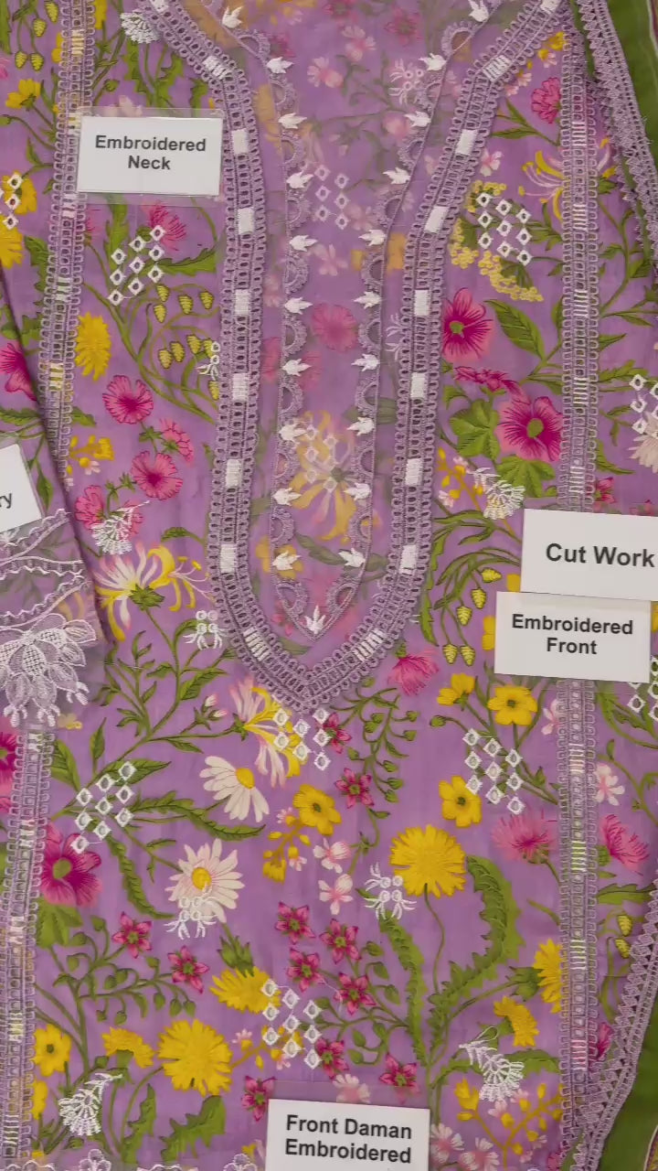 Grace S1134-Embroidered 3pc CHIKANKARI Lawn dress with Printed Chiffon Dupatta.