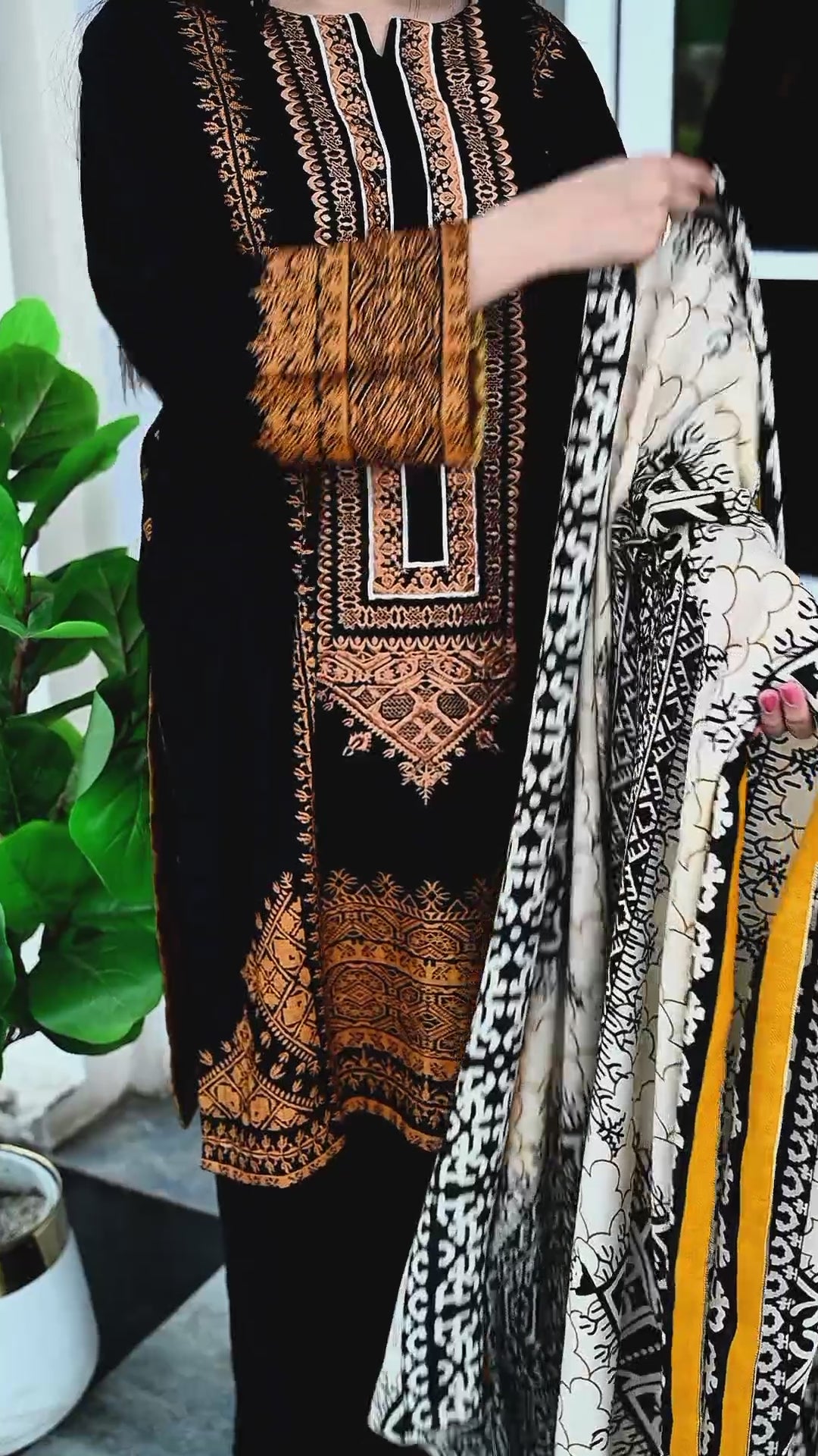 Grace Z-(W102 ) - Stitched Embroidered 3pc khaddar dress with printed shawl.