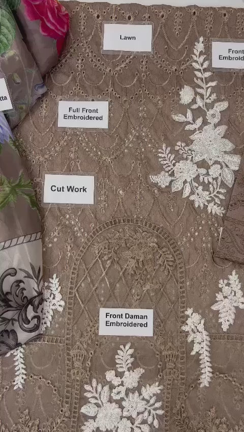 Grace S654-Embroidered 3pcChickan lawn dress with digital printed silk dupatta