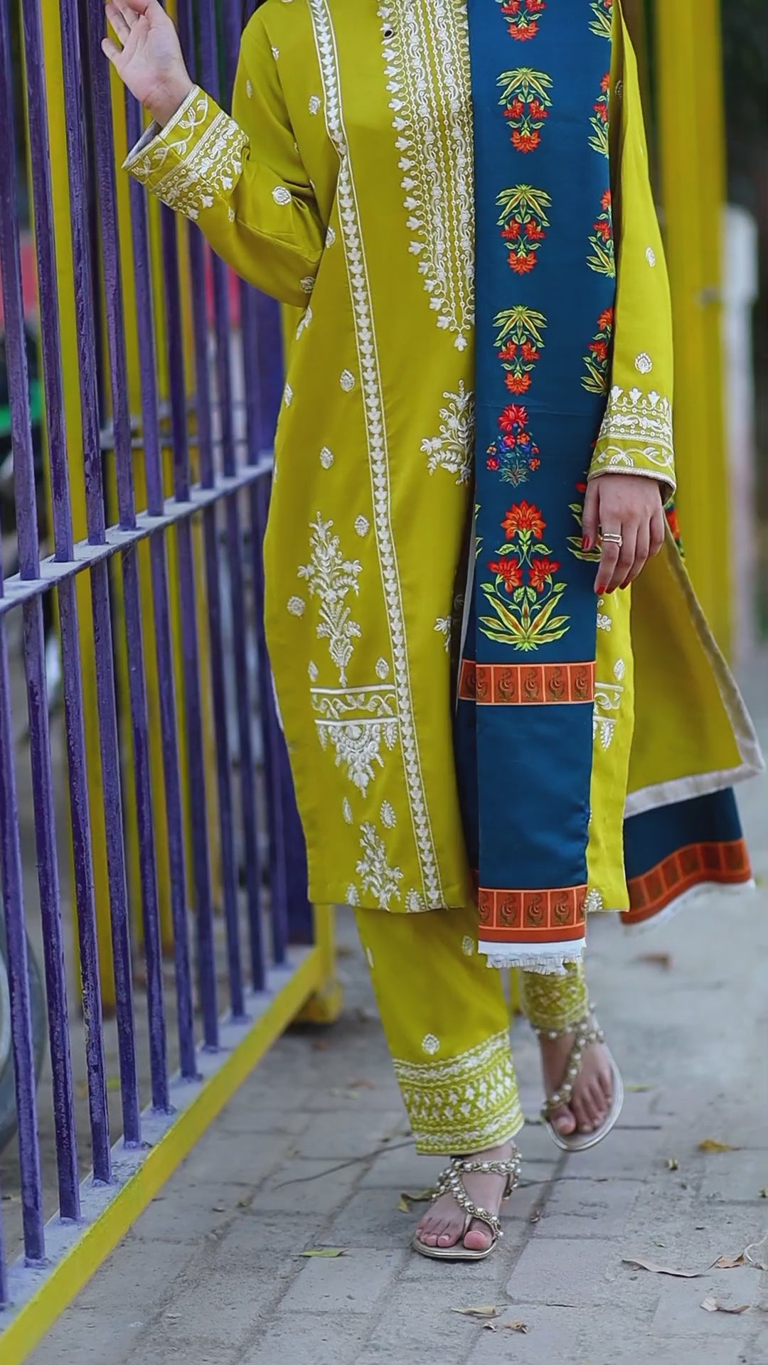 Grace W544-Embroidered 3pc marina dress with Printed shawl.