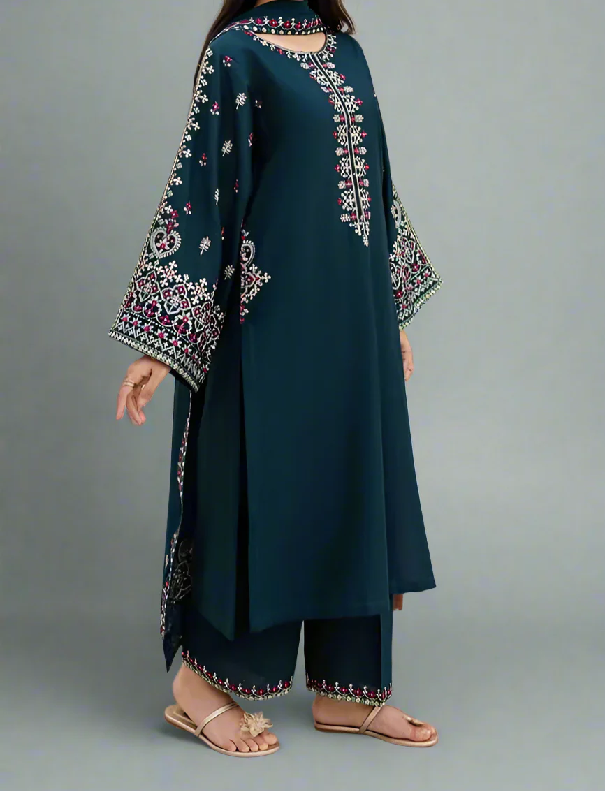 Grace W758 - Embroidered 3pc Marina Dress With Embroidered Chiffon Dupatta.