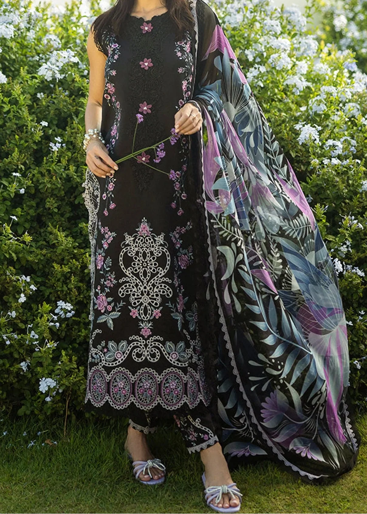 Grace Z-(W855) - Stitched Embroidered 3pc Marina Dress With Printed Shawl.