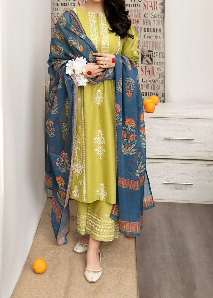 Grace W544-Embroidered 3pc marina dress with Printed shawl.