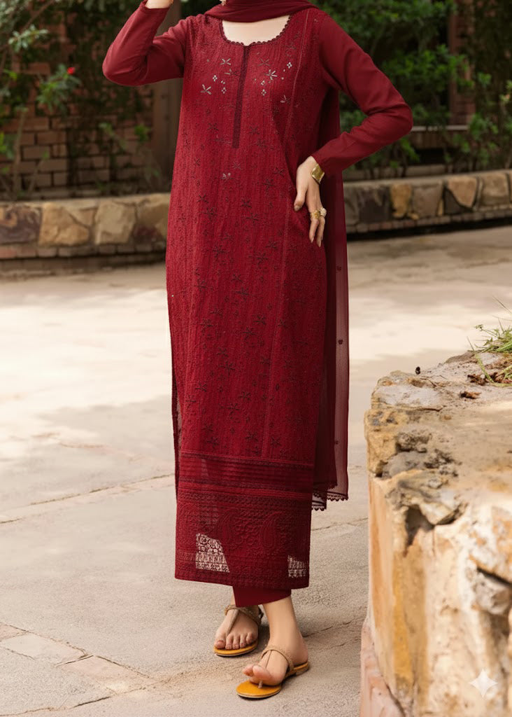 Grace W863-Embroidered 3pc Chikankari Marina Dress With Embroidered Chikankari Chiffon Dupatta.